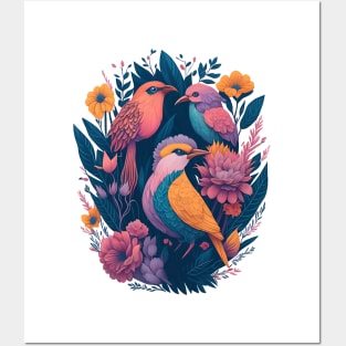 Birds on flowers, sitting together, portrait style Posters and Art